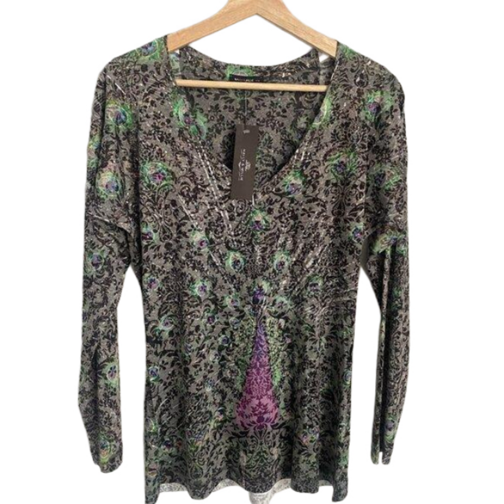Nally & Millie Long Sleeve Peacock Floral Print with Gems T-shirt Size L